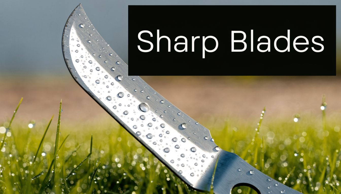 A sharp metal garden blade covered in morning dew droplets standing upright in green grass.