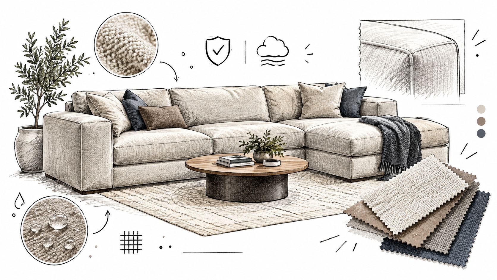 A detailed sketch of a modern sectional sofa with fabric swatches, textile close-ups, and stain-resistant icons.