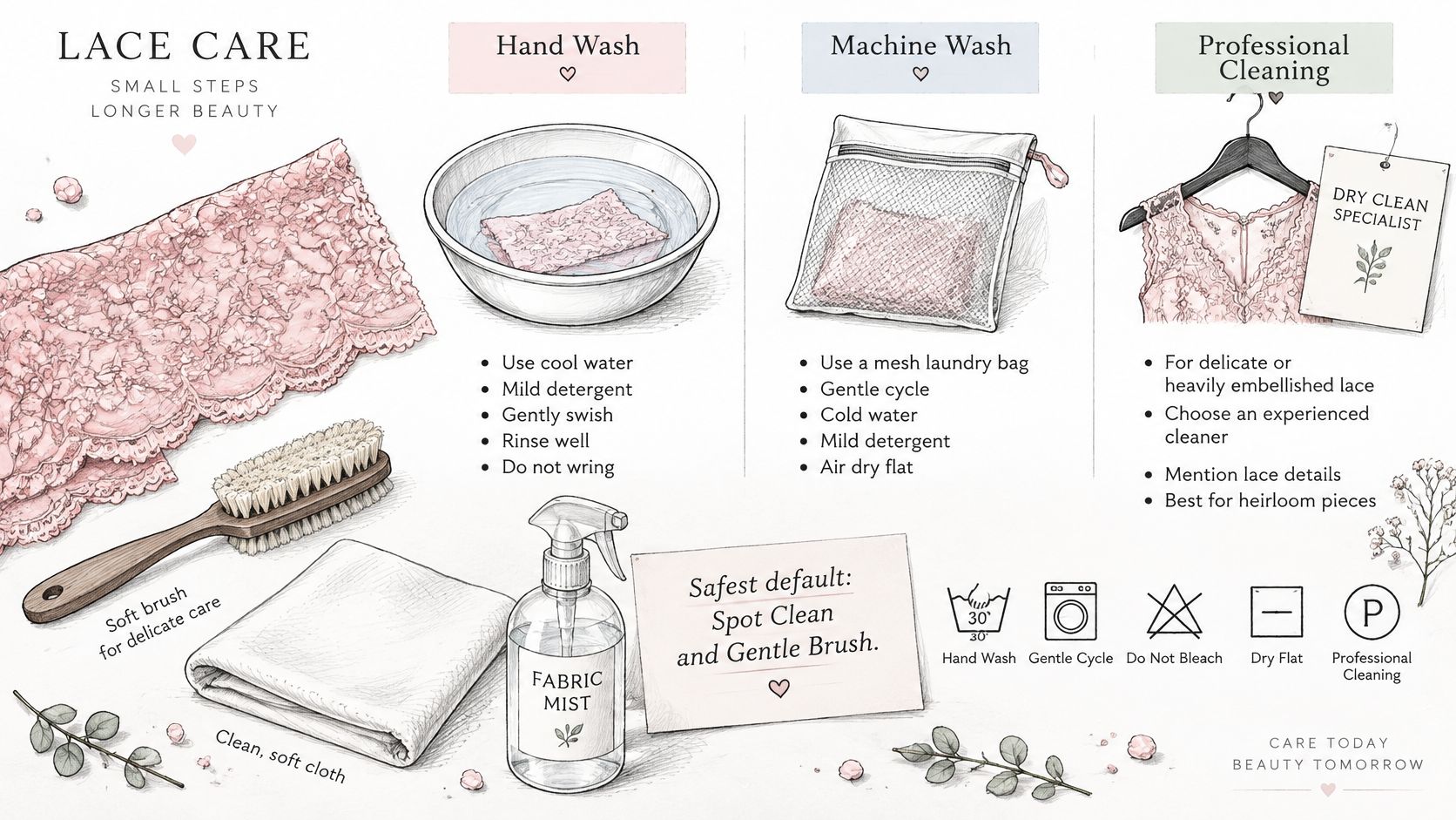A detailed instructional infographic displaying best practices for cleaning and maintaining delicate pink lace clothing items.