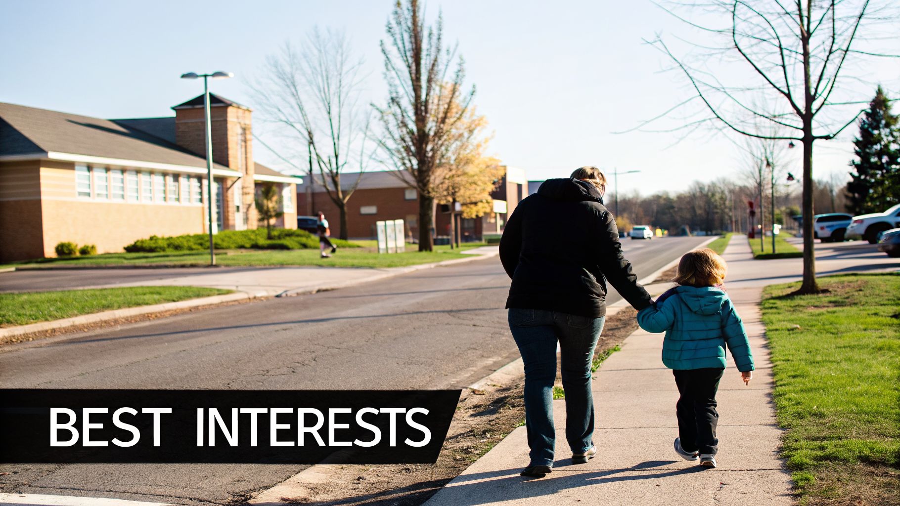 A mother and child walk hand-in-hand on a sunny sidewalk, with buildings and trees in the background.
