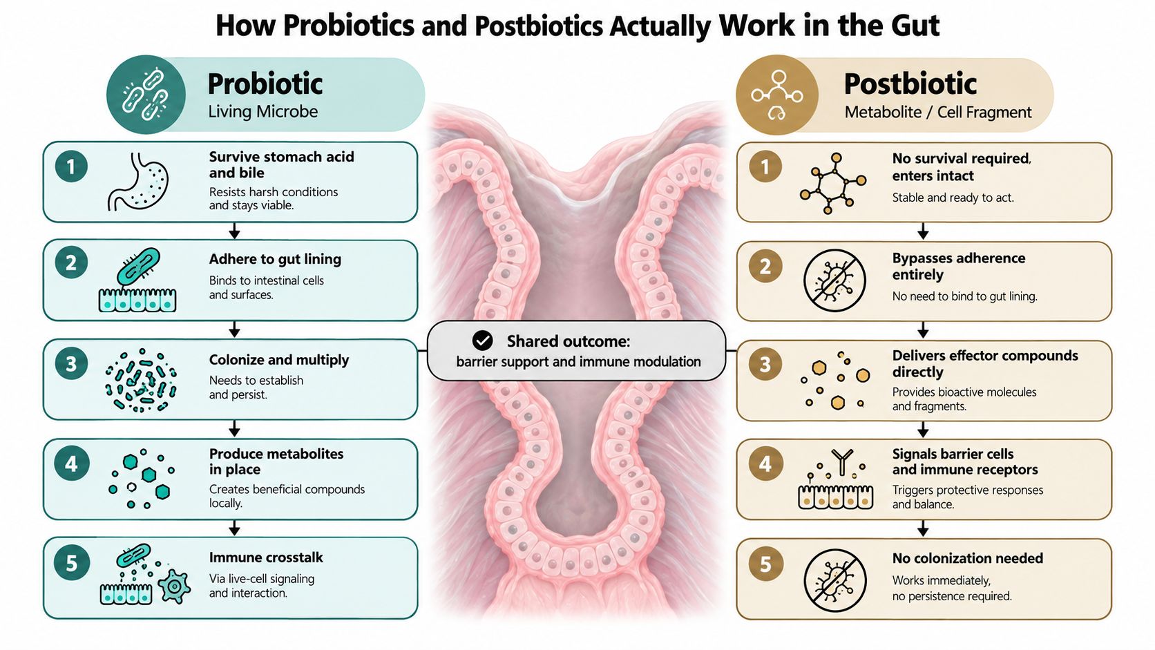 An infographic comparing the functional mechanisms of probiotics and postbiotics in the human digestive gut system.
