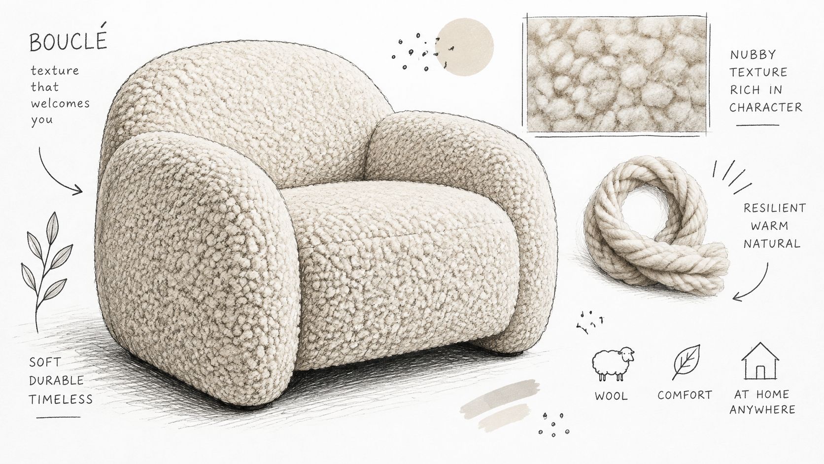 A sketched illustration of a cozy, round bouclé fabric armchair surrounded by descriptive text and natural icons.