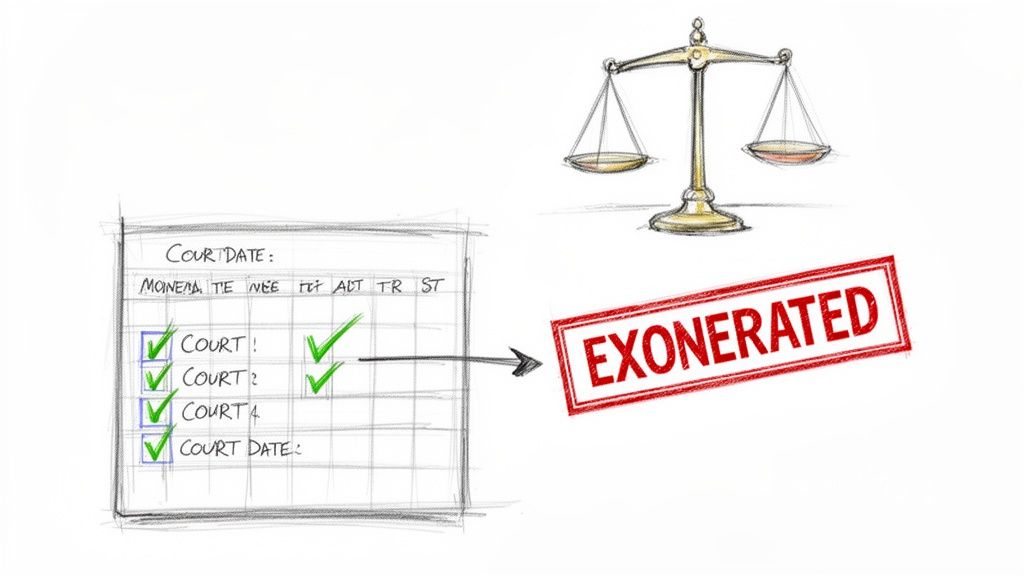 A calendar showing multiple court dates checked off, scales of justice, and an 'EXONERATED' stamp.