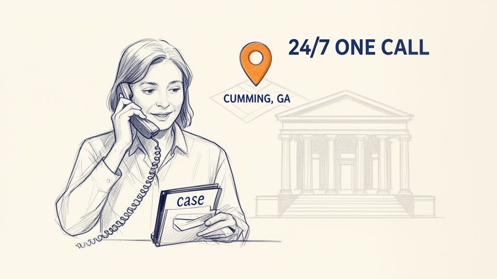Illustration of a person on the phone, managing a case, with a location pin for Cumming, GA, and '24/7 One Call'.