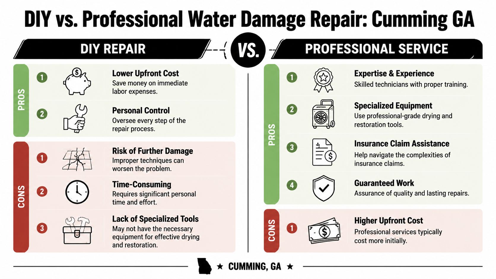 A comparison chart outlining the pros and cons of DIY versus professional water damage repair services.