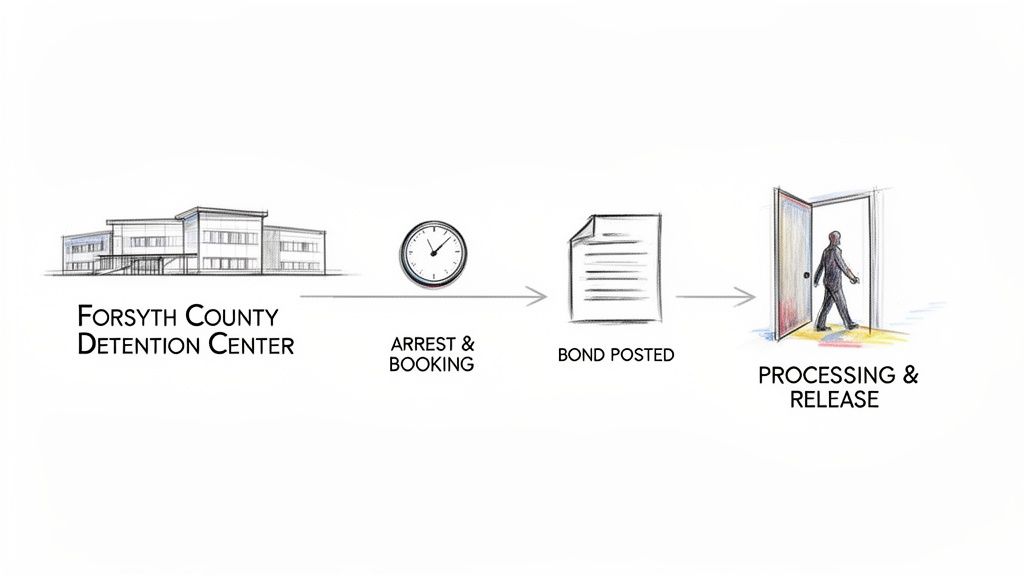 Diagram illustrating the steps of arrest, booking, bond posted, and release from Forsyth County Detention Center.