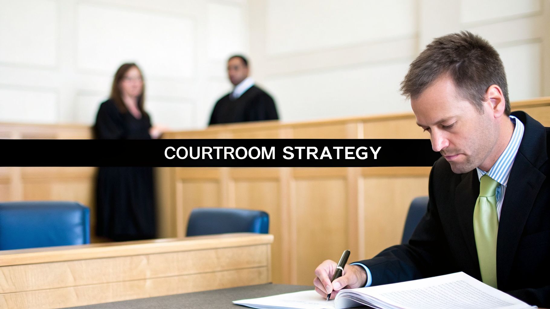 A lawyer writing notes in a courtroom with blurred figures in the background, discussing strategy.