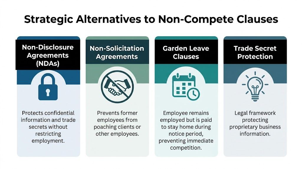 A visual guide outlining four strategic legal alternatives to non-compete clauses for business owners and employers.