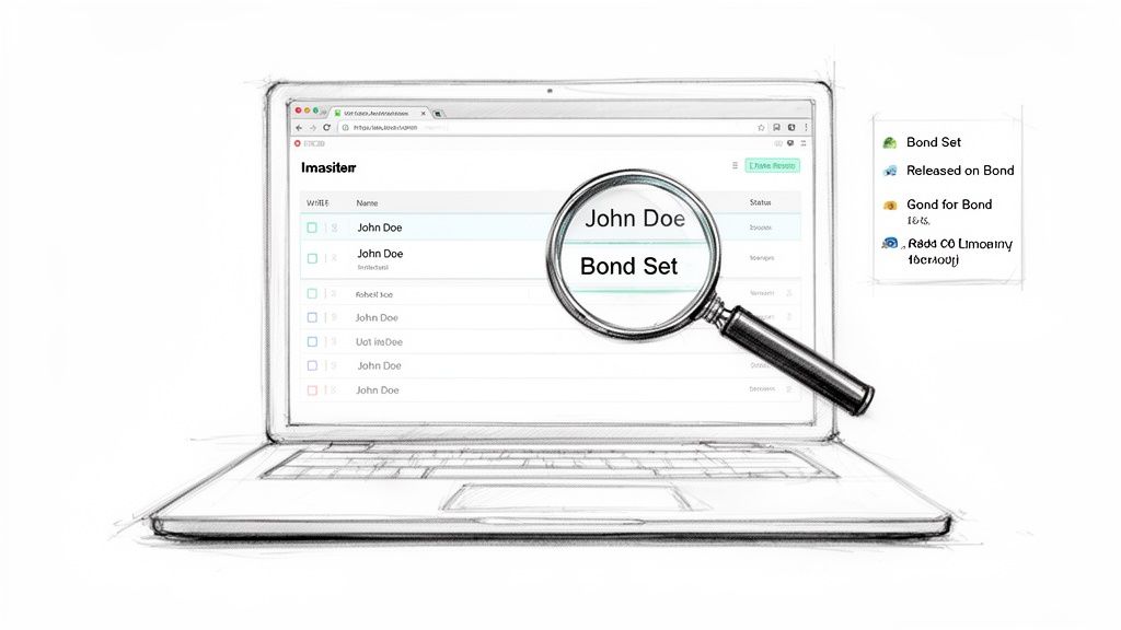 A laptop screen displays a list of names, with a magnifying glass highlighting 'John Doe' and 'Bond Set'.