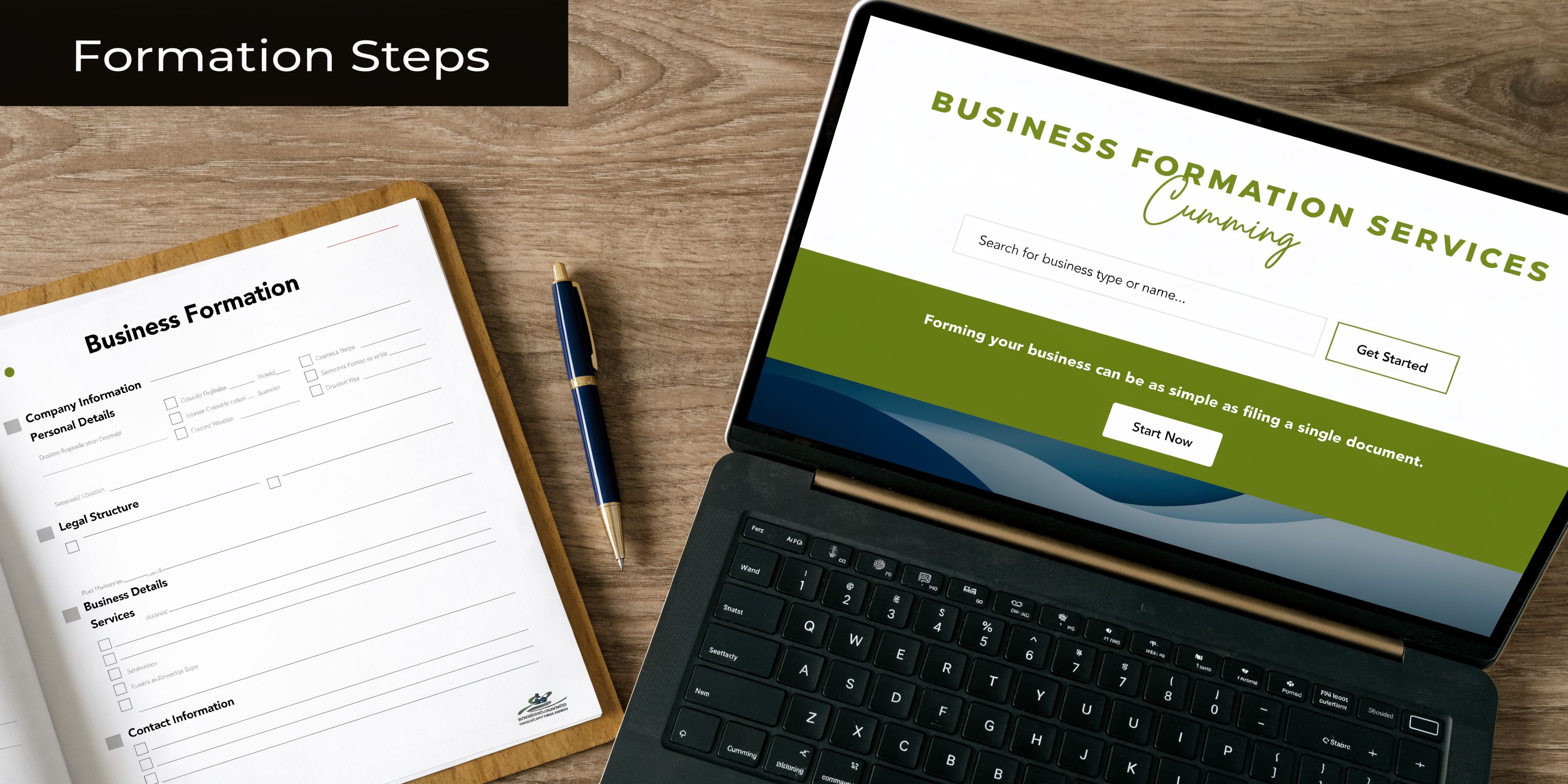 A laptop and a printed document on a desk for business formation services planning.