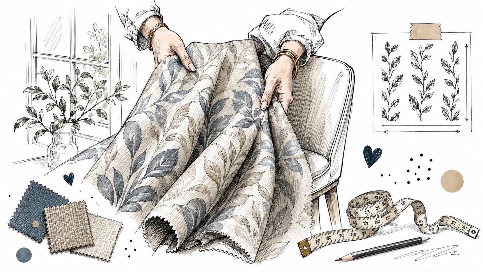 A detailed sketch of a designer selecting fabric with leaf patterns for custom drapery and home decor.