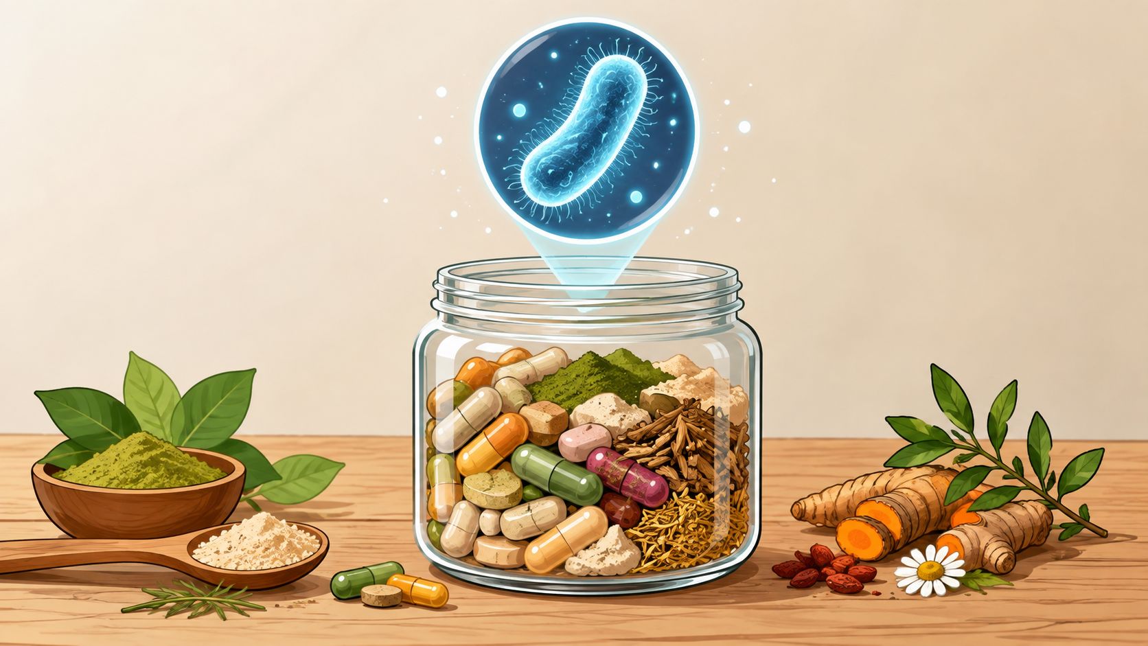 A glass jar filled with various herbal supplements and pills, showing a symbolic representation of probiotics.