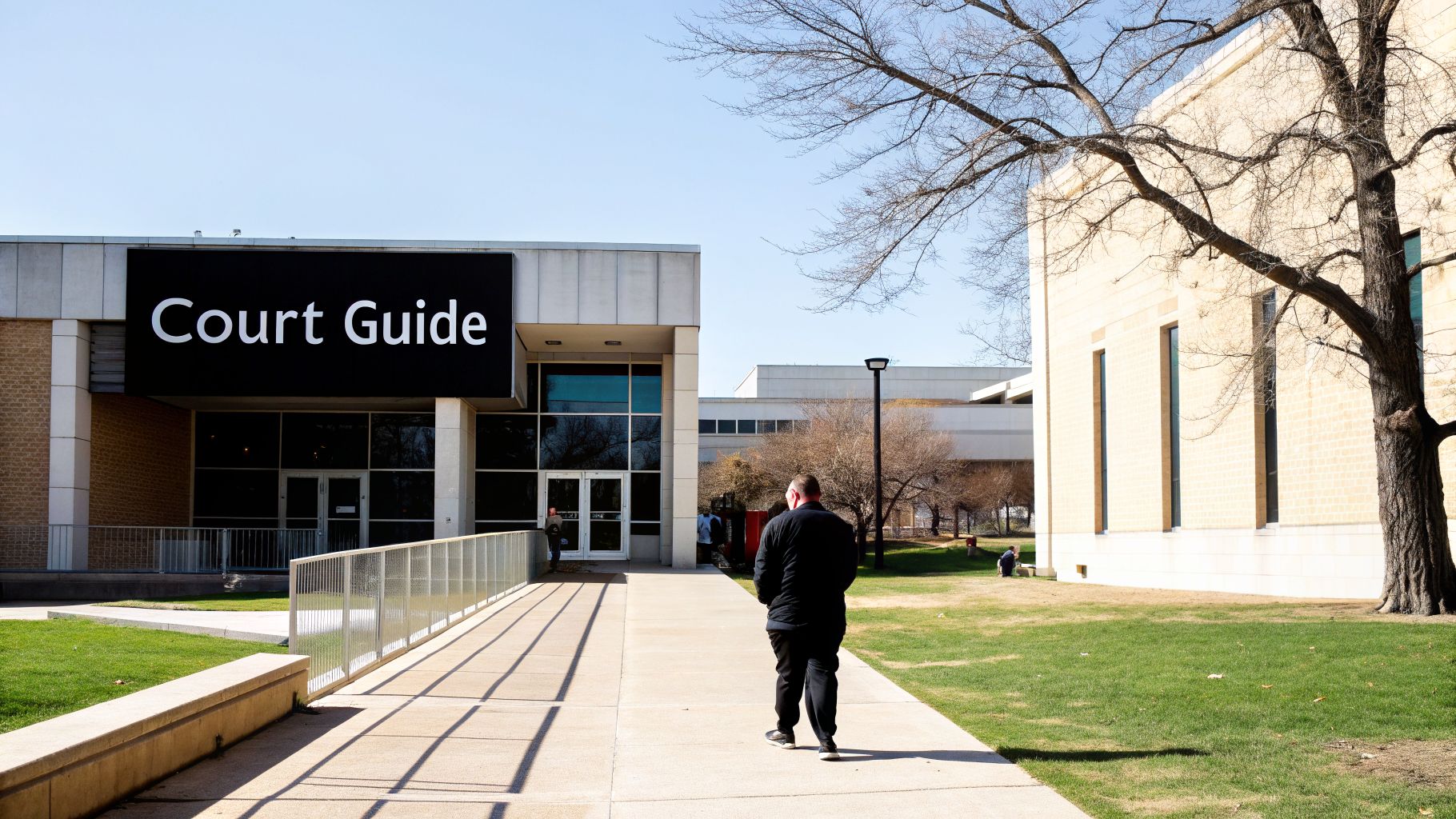 A man walks towards a building with a prominent 'Court Guide' sign on a sunny day.