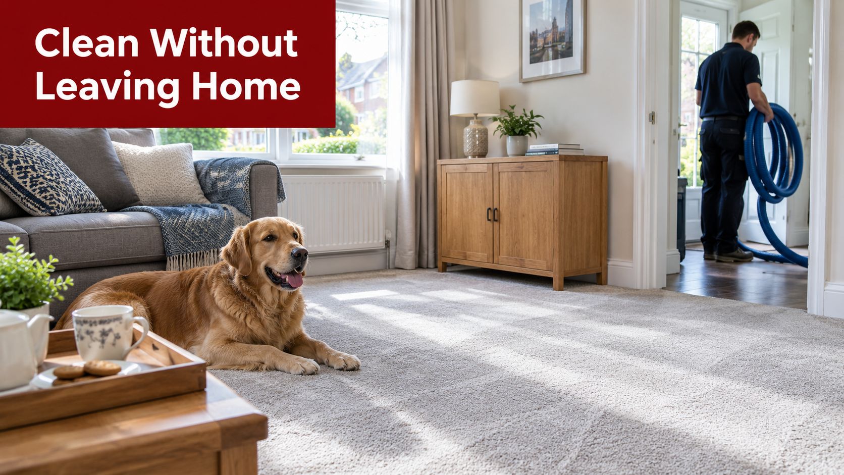 A golden retriever relaxing on a carpeted living room floor while a professional cleaner works outside.