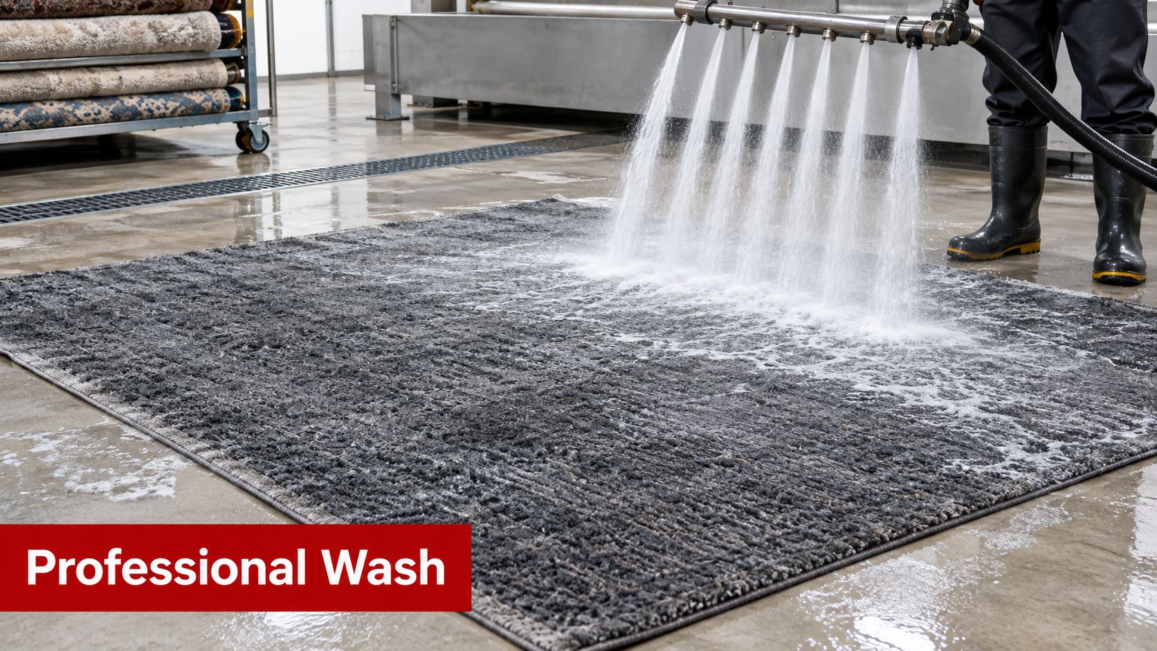 A professional rug cleaner sprays high-pressure water onto a grey textured area rug in a workshop.