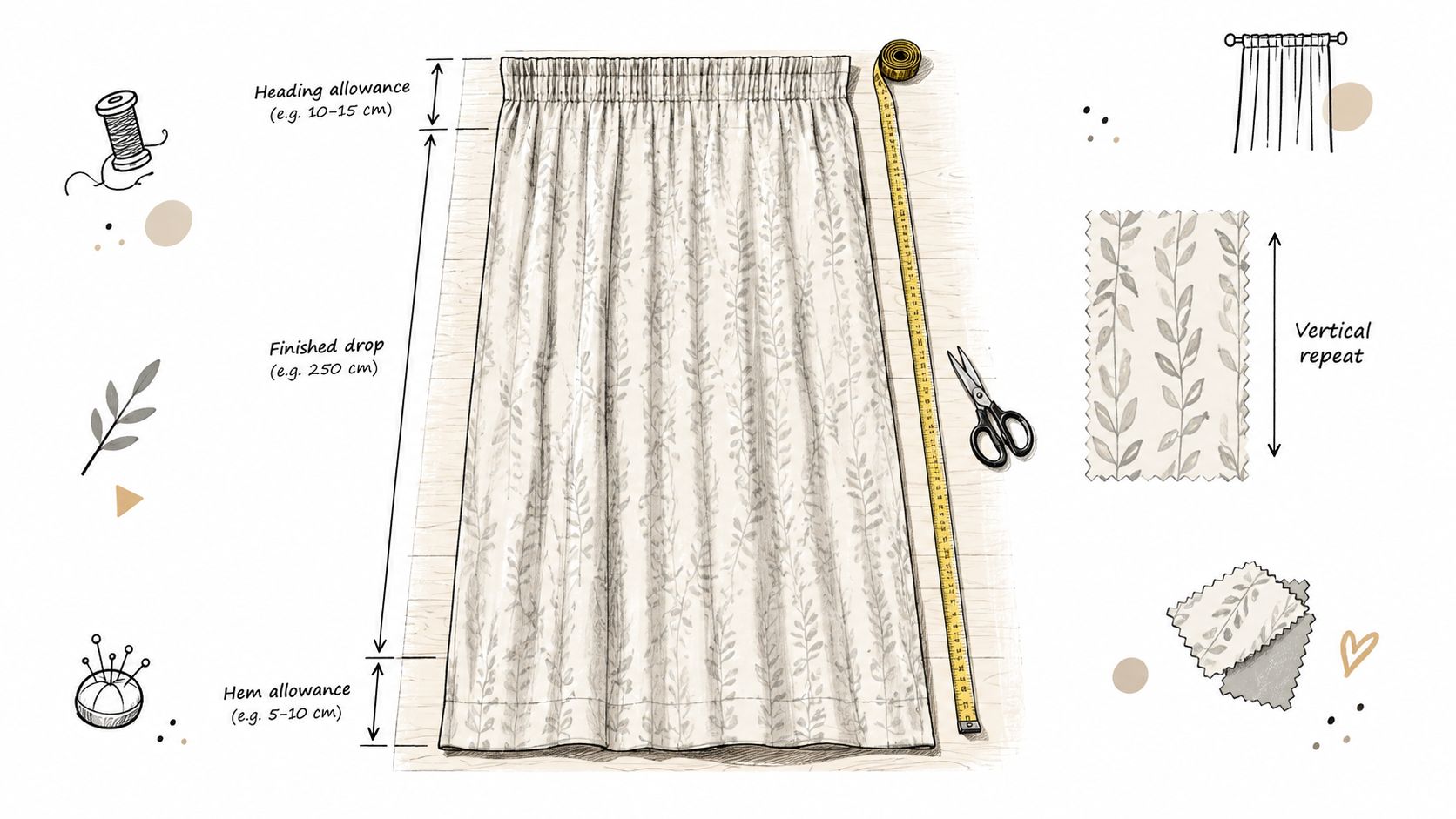 A diagram illustrating curtain sewing measurements including heading allowance, finished drop, hem allowance, and vertical pattern repeat.