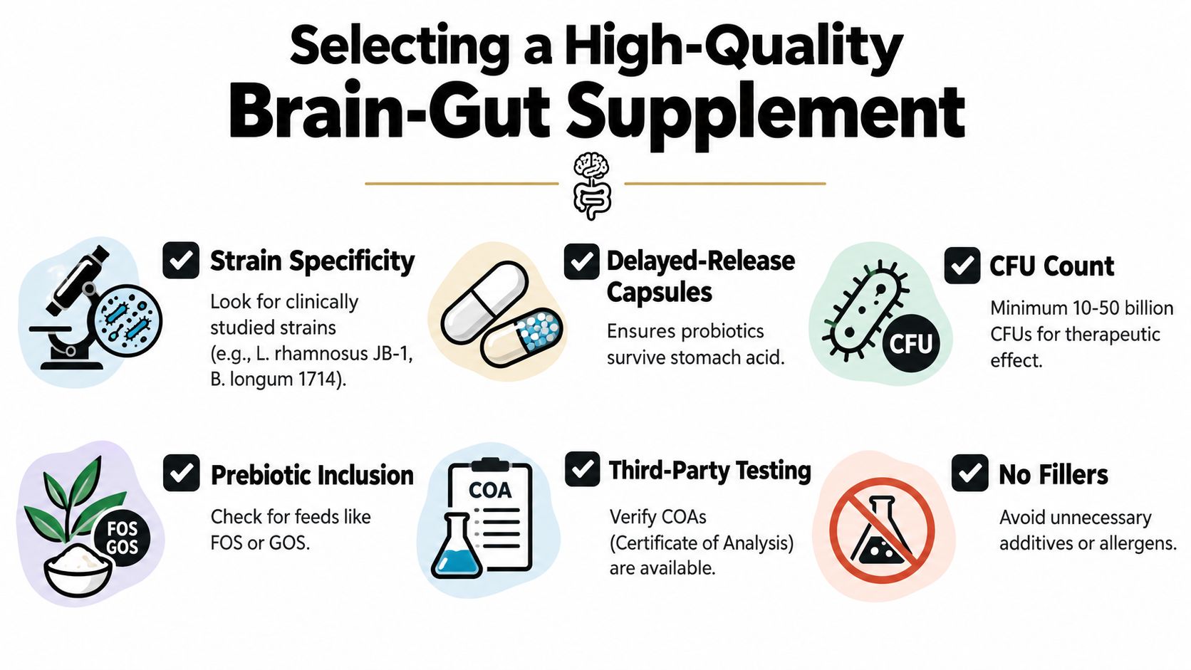 An infographic titled Selecting a High-Quality Brain-Gut Supplement listing six key criteria for choosing probiotic supplements.