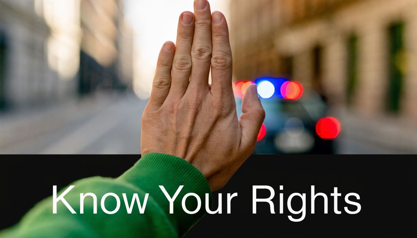 A person holding up their hand in a stop gesture in front of a police car.