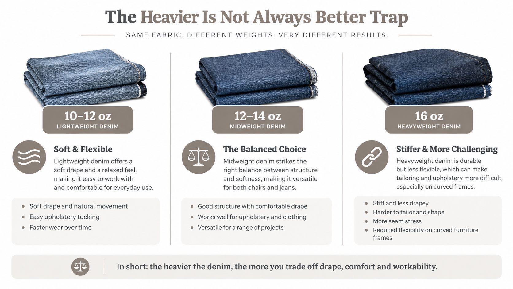 An infographic comparing three weights of denim fabric, explaining the trade-offs between fabric weight, comfort, and workability.