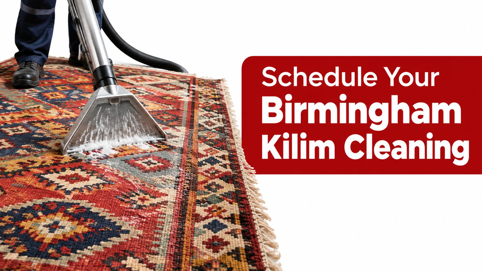 A professional cleaner using a specialized vacuum tool to clean a colorful, hand woven kilim rug.