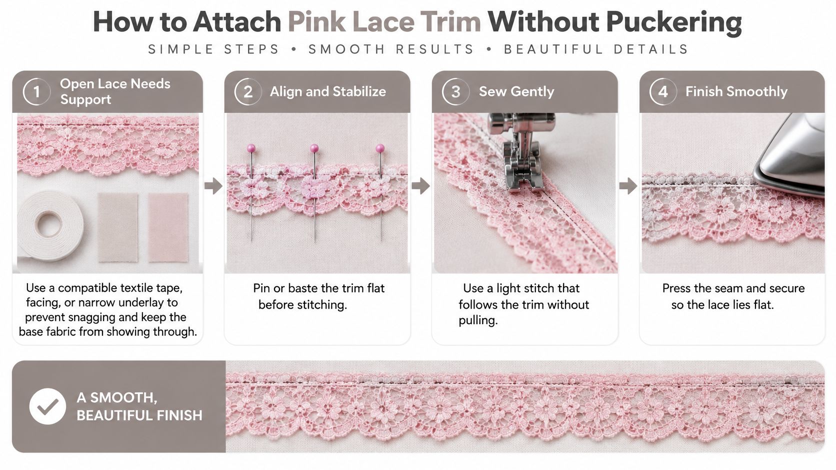 An instructional infographic detailing four steps to sew pink lace trim onto fabric without causing puckering.