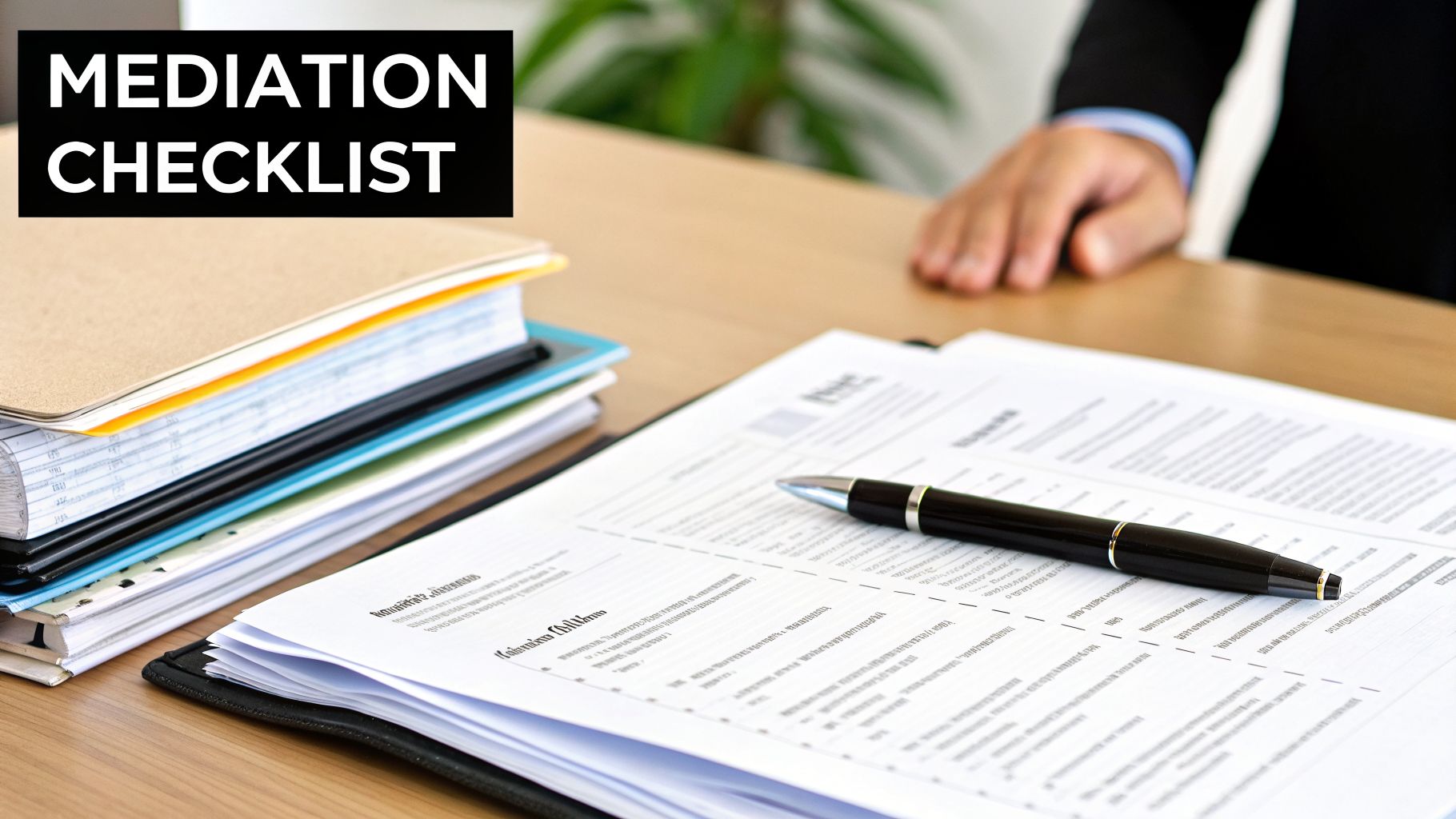 A stack of folders and an open document with a pen on a desk, featuring 'MEDIATION CHECKLIST' text.
