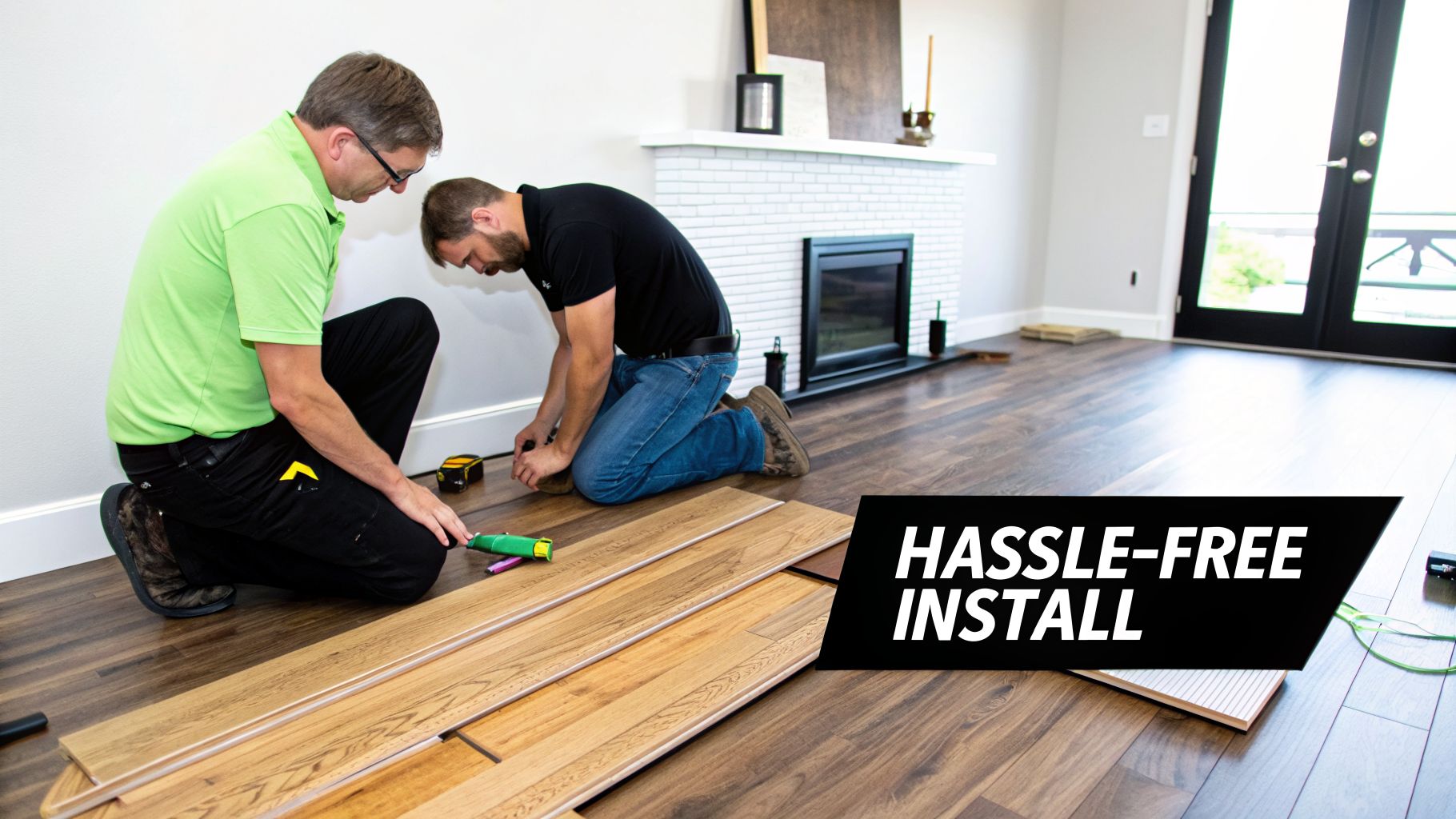 Two men are kneeling and installing real wood flooring in a bright living room, showcasing an easy, hassle-free process.