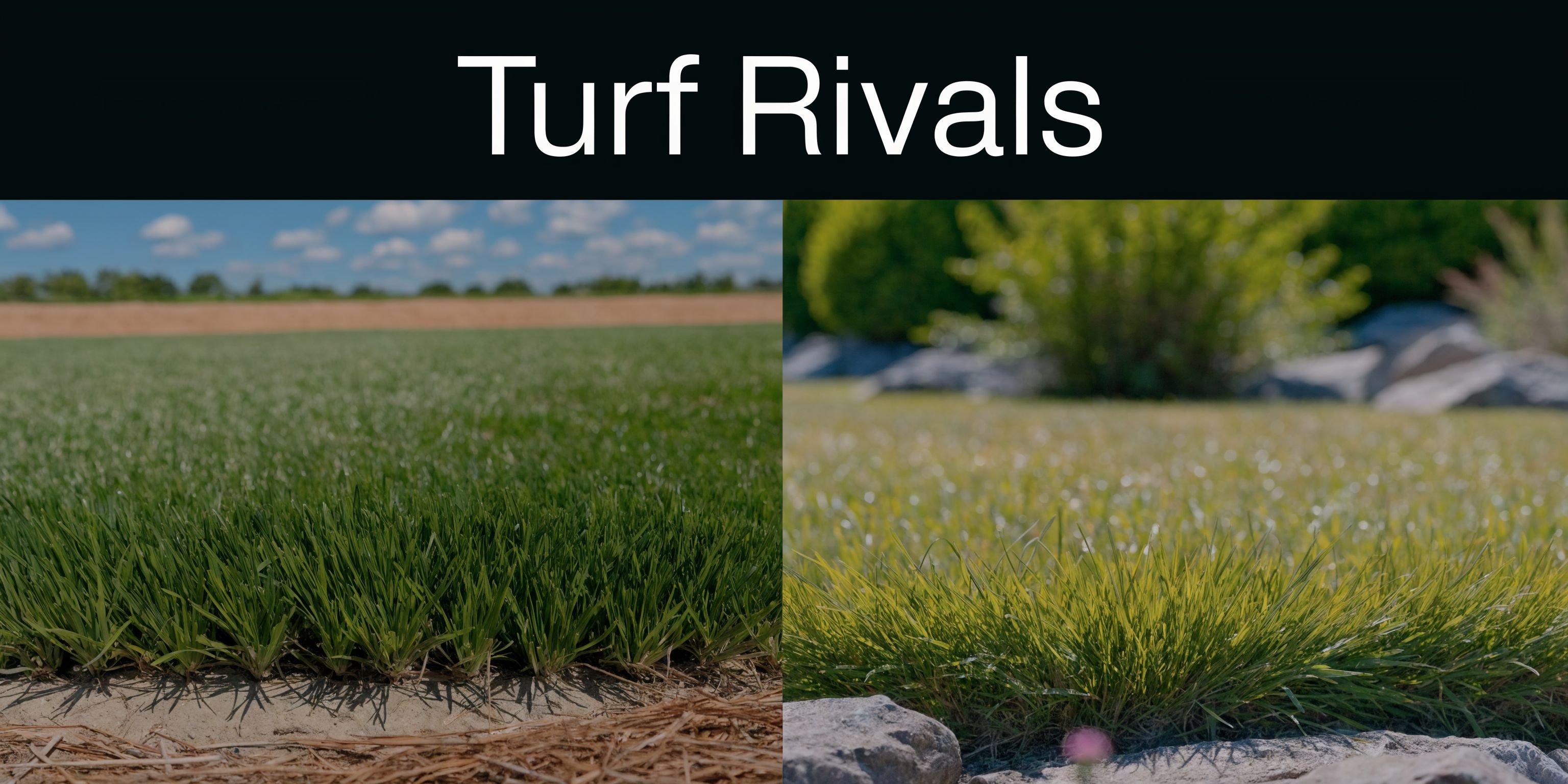 A split comparison image showing two different types of turf grass growing in outdoor landscape environments.