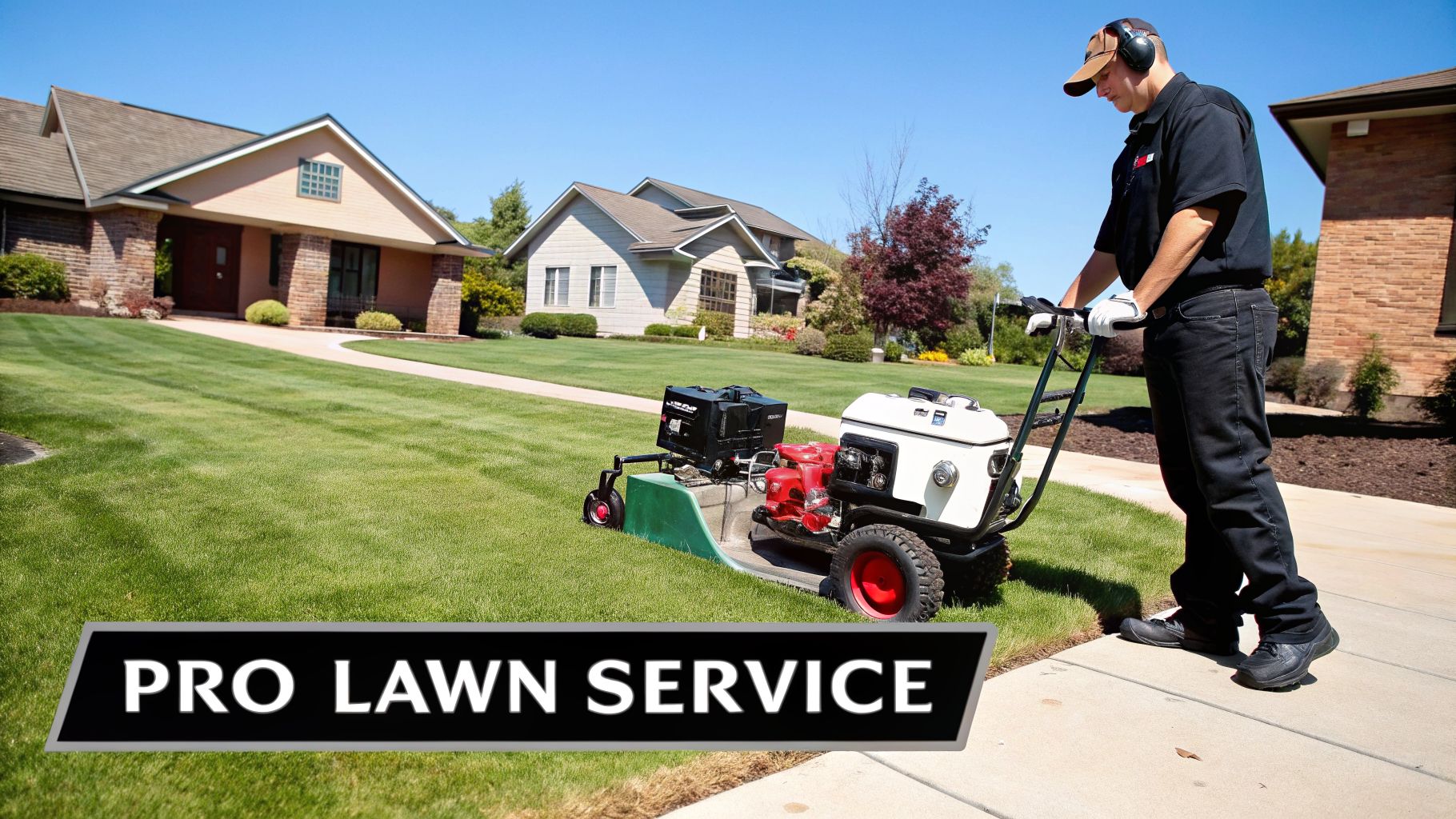 A professional lawn care worker uses a robust aerator on a vibrant green residential lawn.