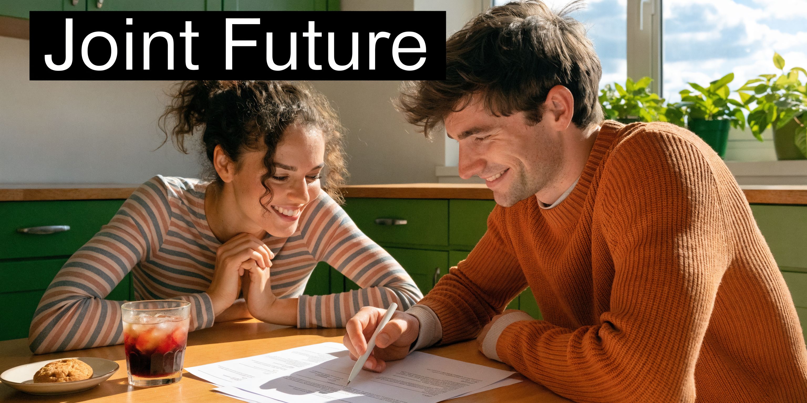 A happy couple sitting at a kitchen table, reviewing and signing legal documents together.