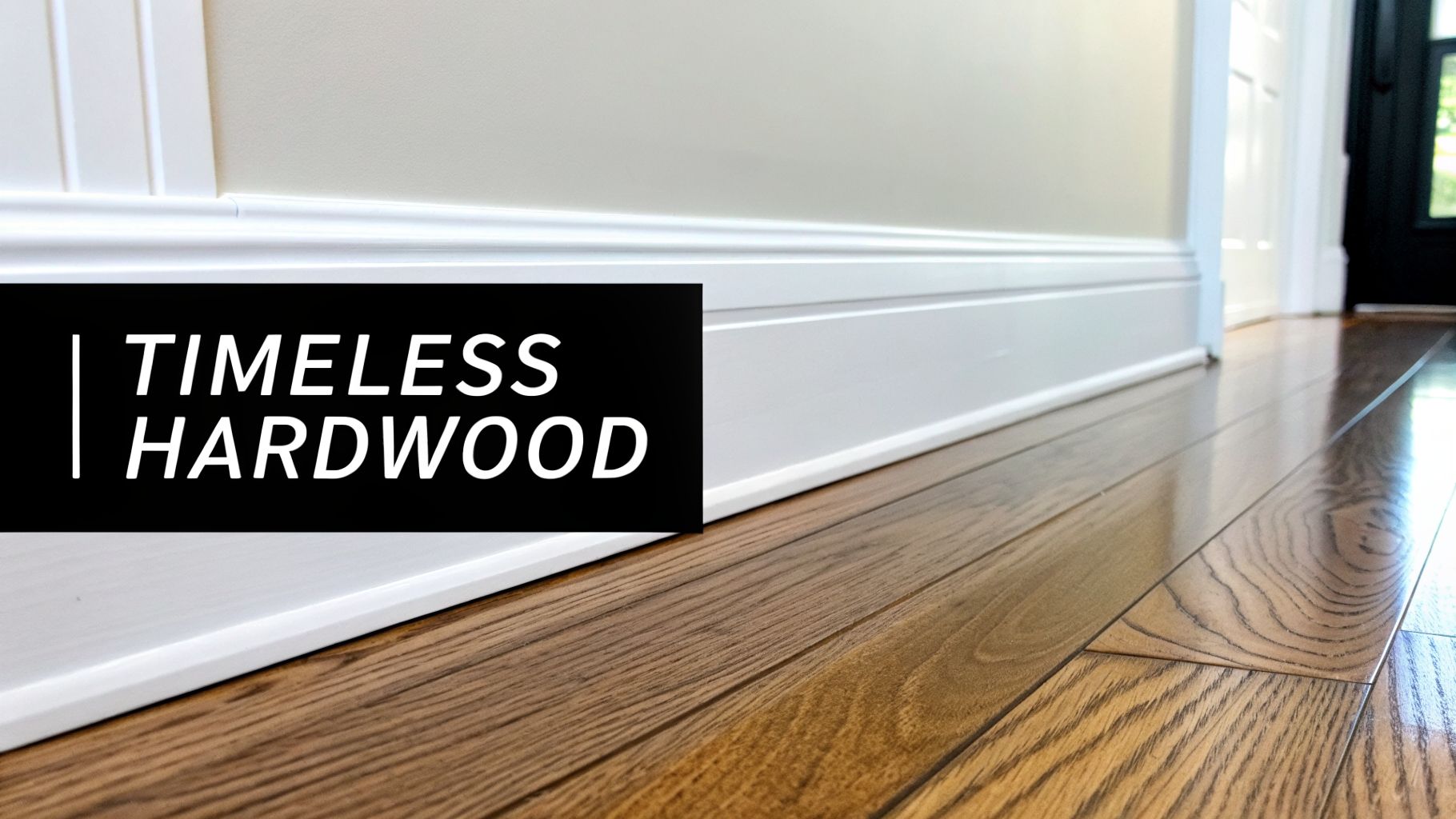 Shiny brown hardwood flooring next to white baseboards, with a black overlay stating 'TIMELESS HARDWOOD'.