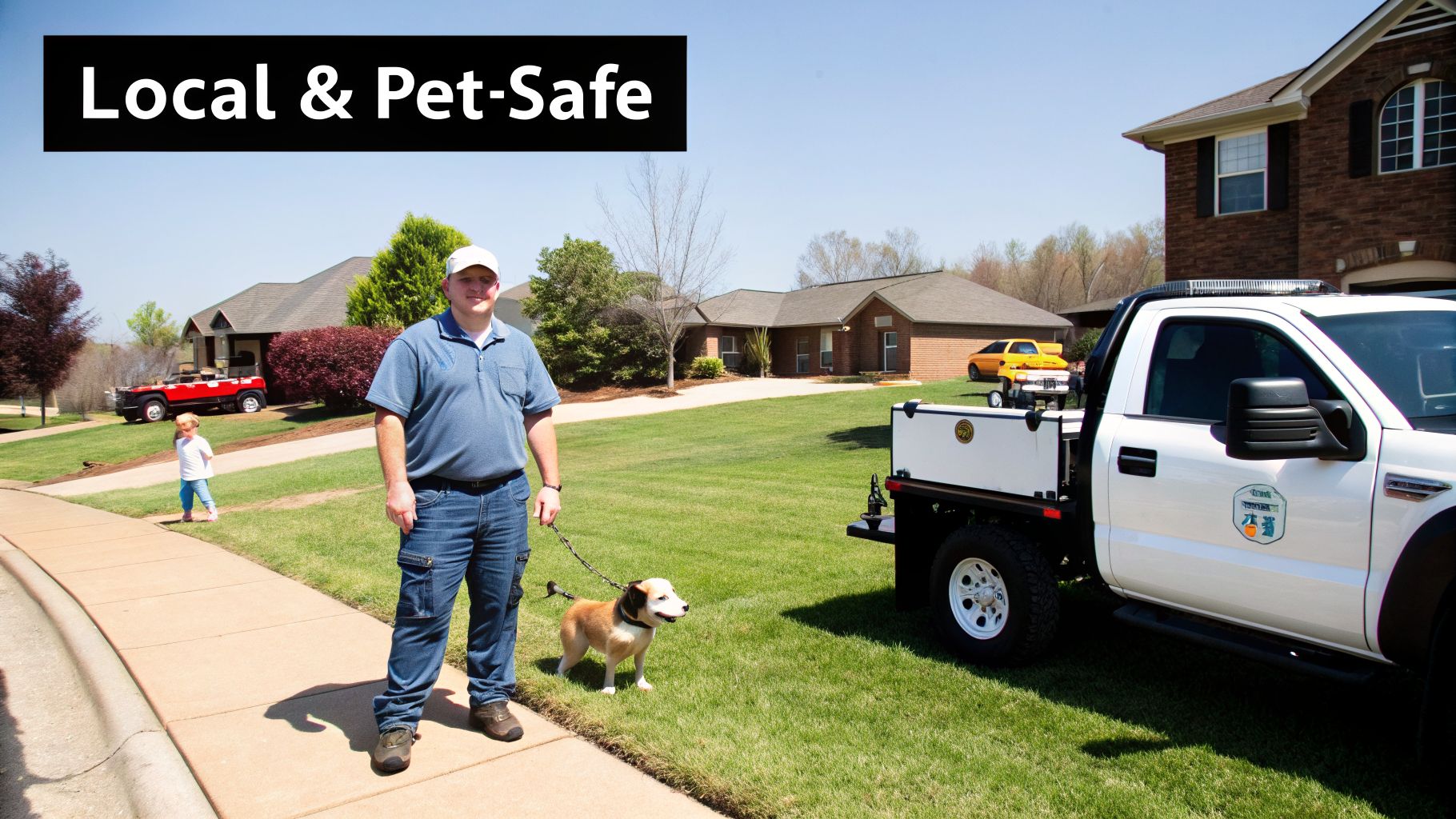 Man with dog on leash, child, and white truck in a sunny, pet-safe neighborhood.