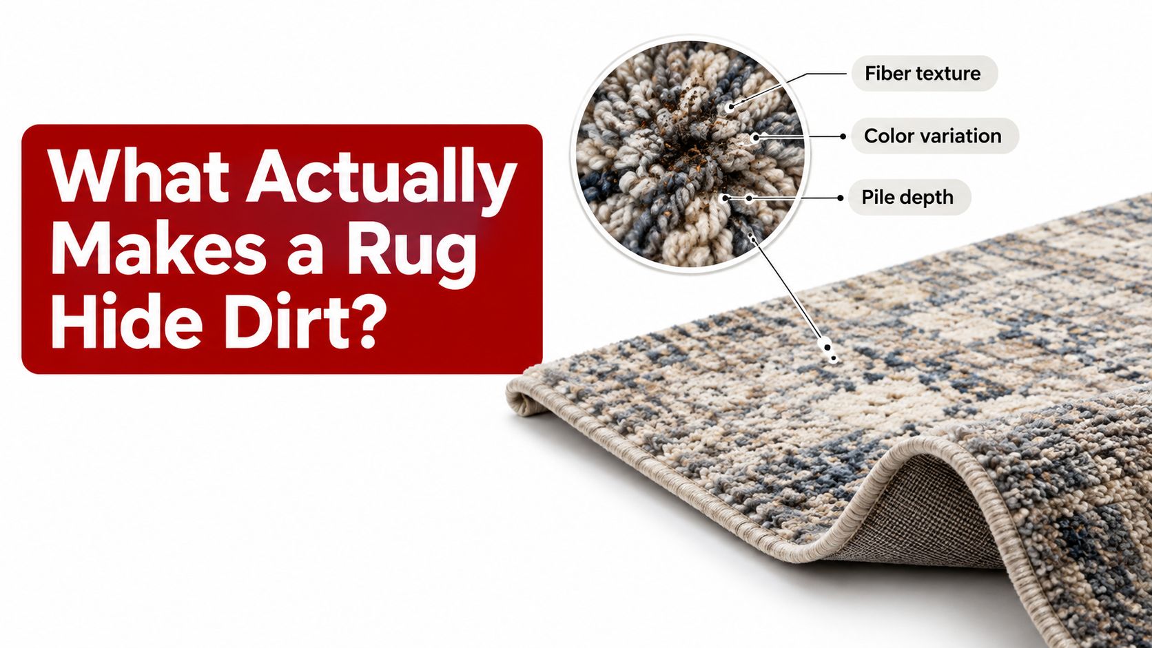 A close-up view of a rug texture showing how pile depth and color variation hide dirt.