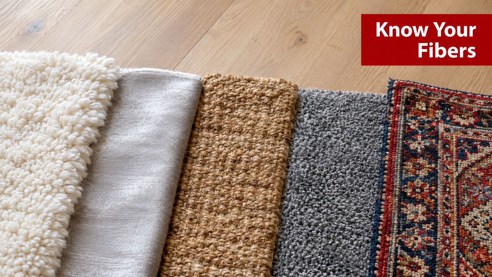 A variety of rug and carpet material samples laid out on a light wood floor surface.
