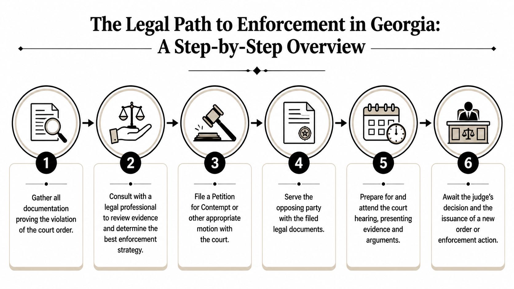 A six-step infographic outlining the legal process for enforcing a court order in the state of Georgia.