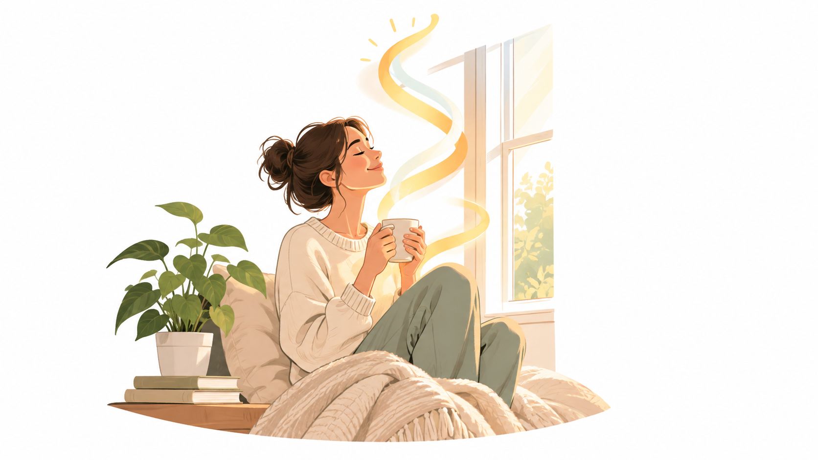A woman enjoys a warm cup of coffee while relaxing peacefully by a bright, sunlit window.
