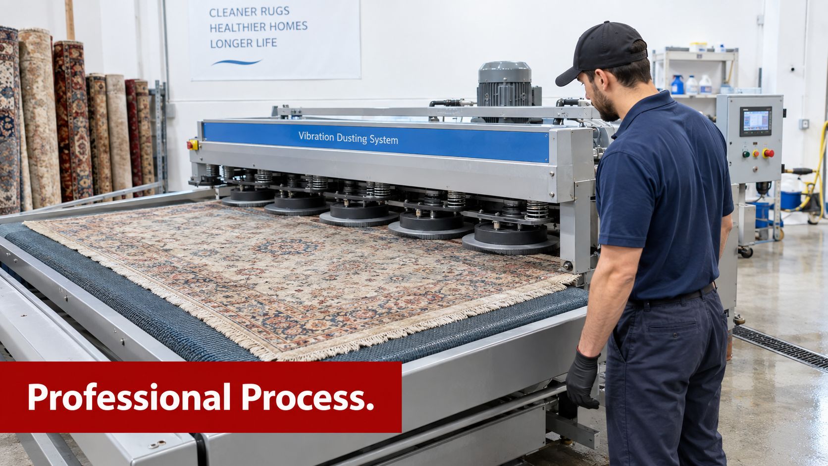 A professional technician operates a vibration dusting machine to clean a traditional Persian area rug in a workshop.
