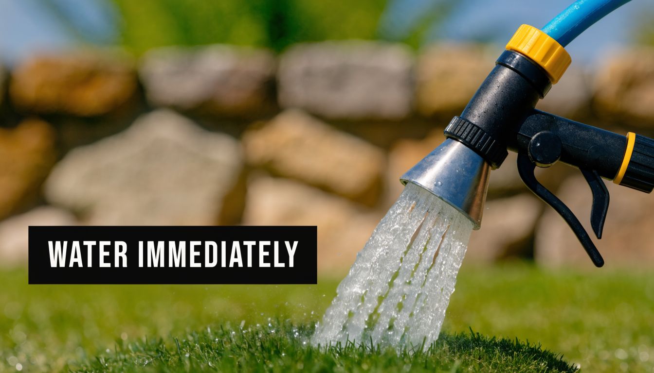 A close-up view of a garden hose nozzle spraying water directly onto a green lawn.