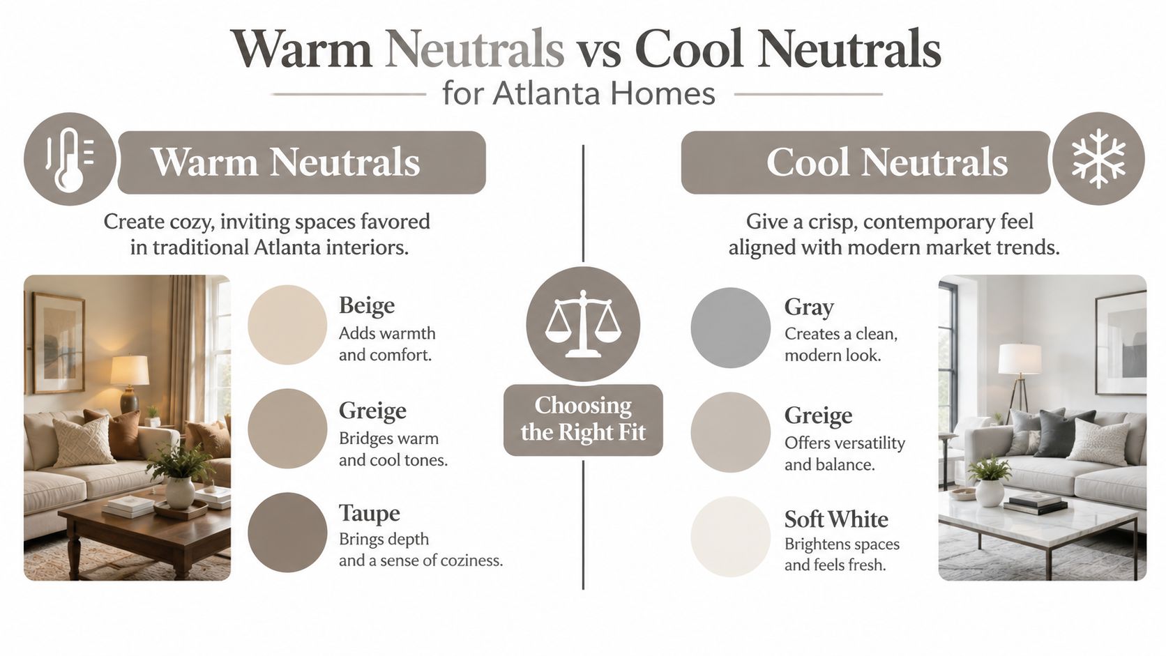 A comparative graphic showing warm versus cool neutral color palettes used in interior home design in Atlanta.