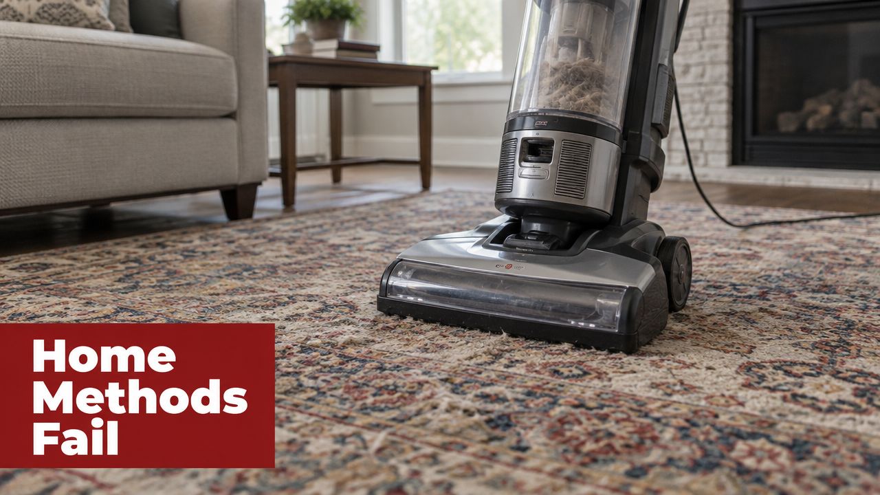 A vacuum cleaner sitting on a vintage patterned wool rug in a living room.