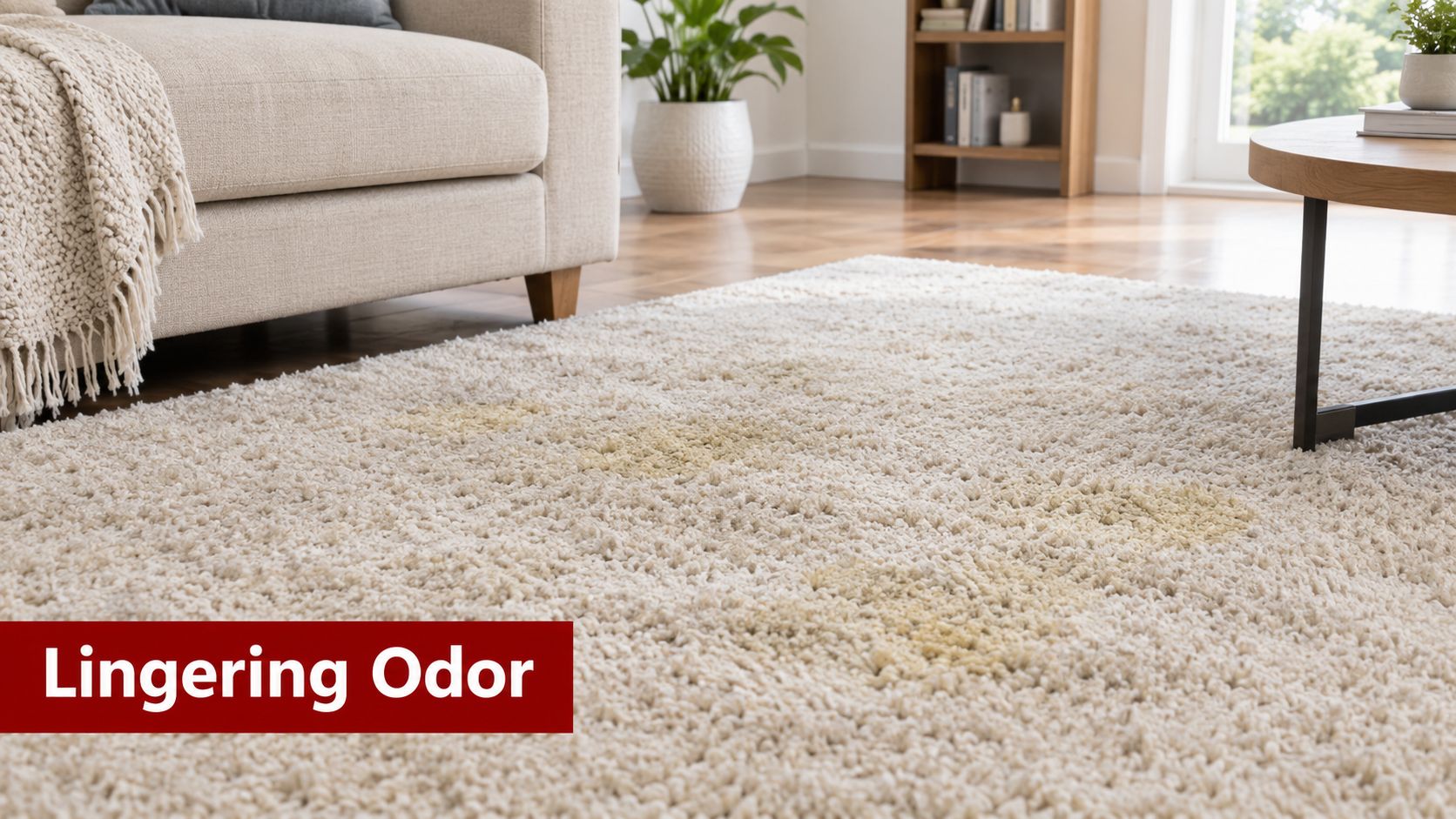 Stained beige shag rug in a living room representing common household pet urine odor issues