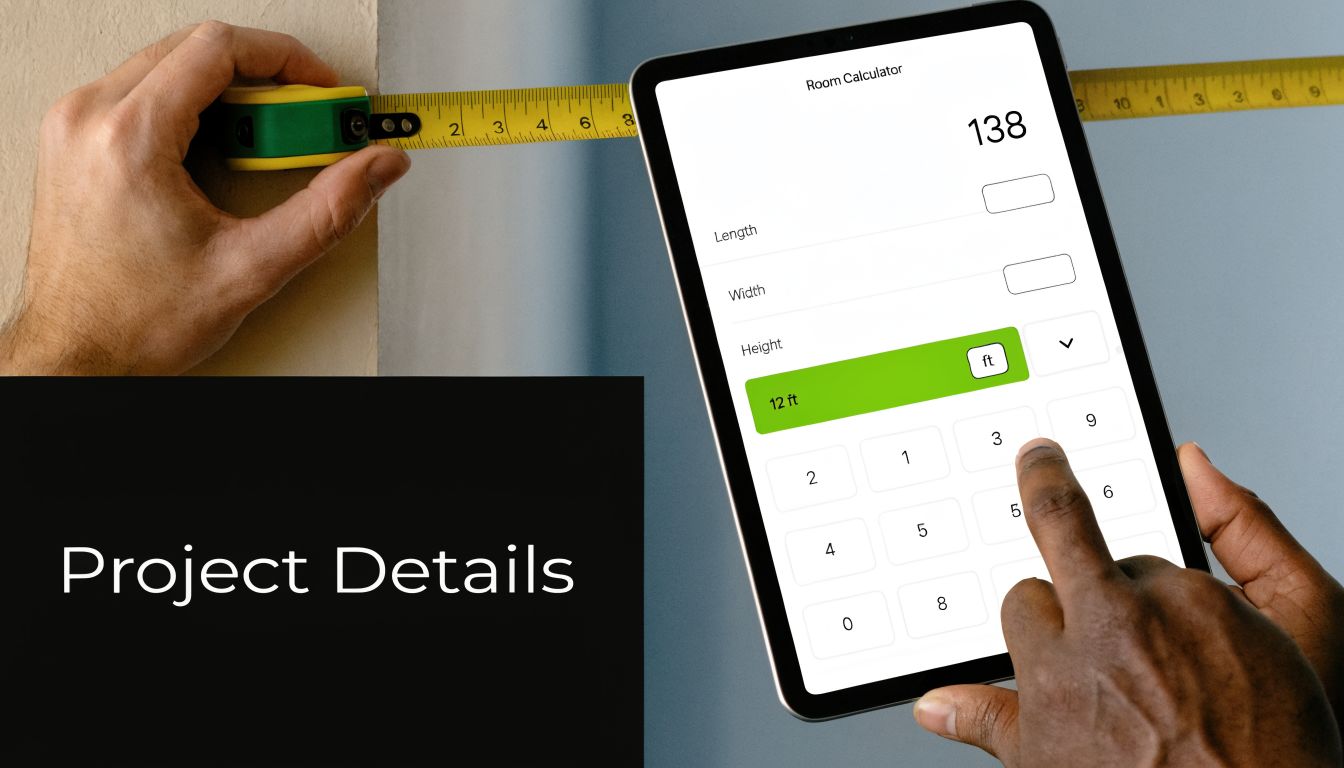 A person uses a digital room calculator tablet app while measuring a wall with a yellow tape measure.