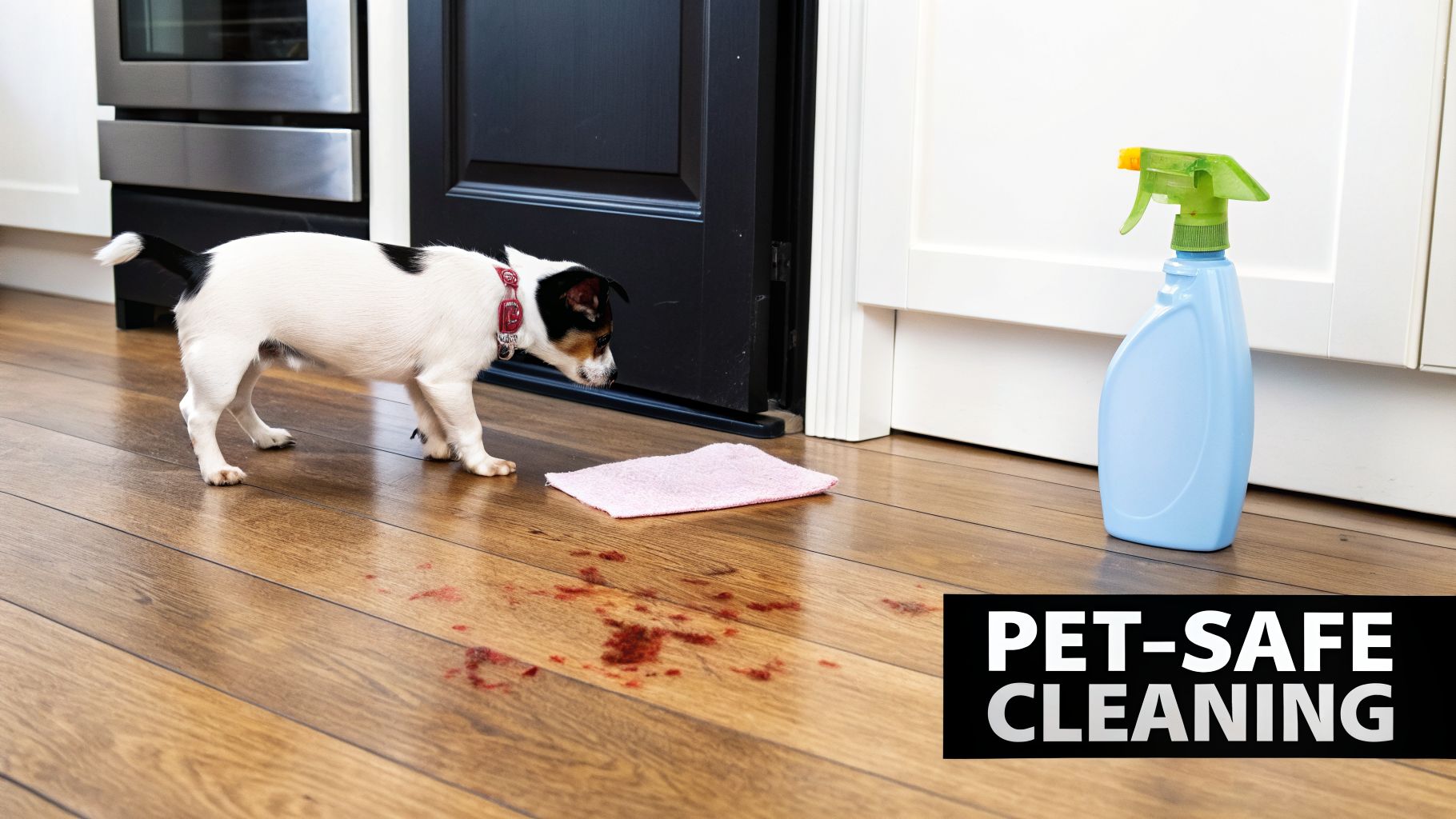A small dog sniffs a red mess on a wooden floor, with a cleaning spray bottle and rag nearby.