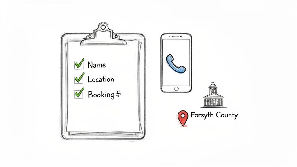 A checklist for name, in a map pin for Forsyth County with a courthouse.