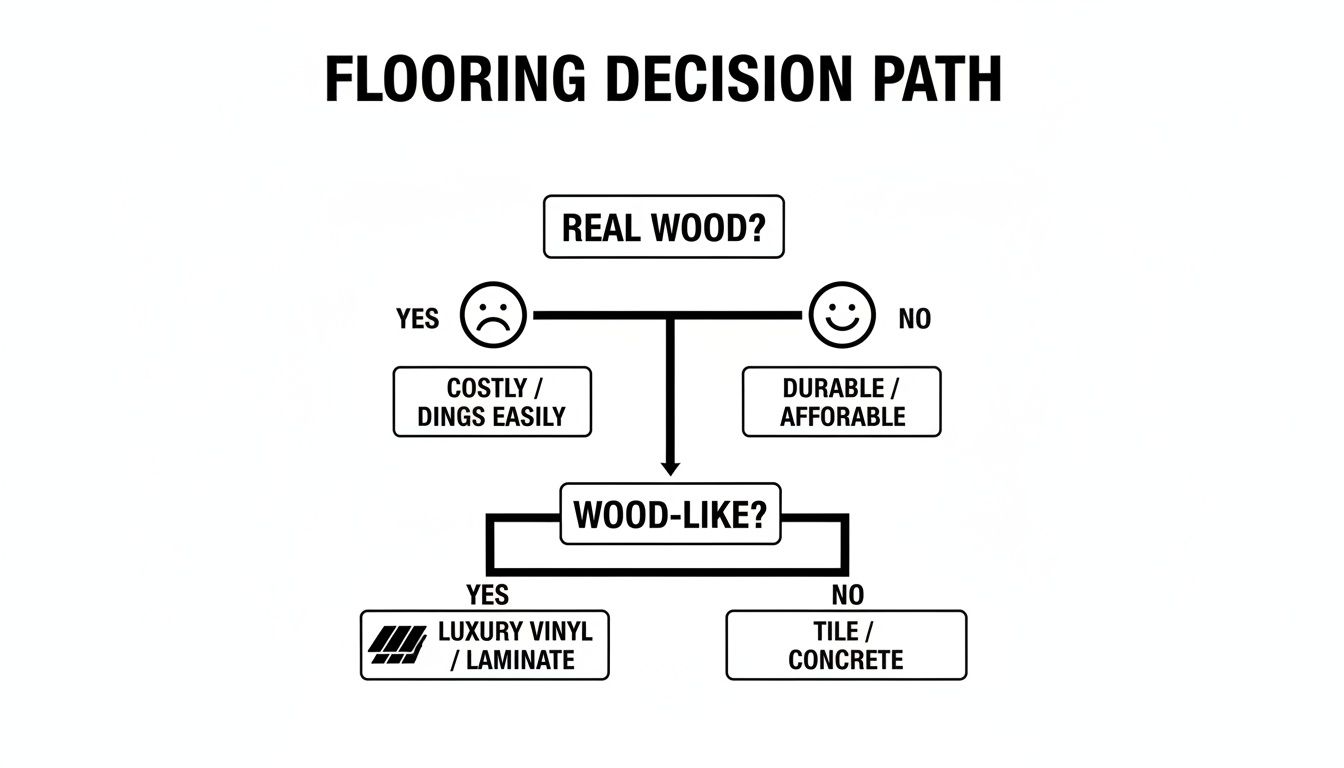Flooring decision path flowchart comparing real wood, luxury vinyl, laminate, tile, and concrete options.