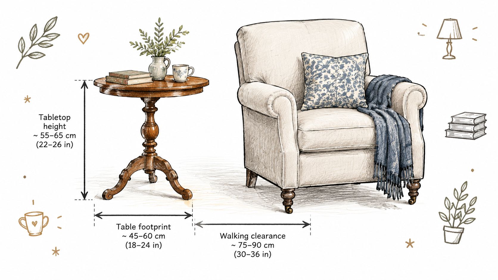 A hand-drawn illustration depicting the ideal measurements for an antique style side table next to an armchair.