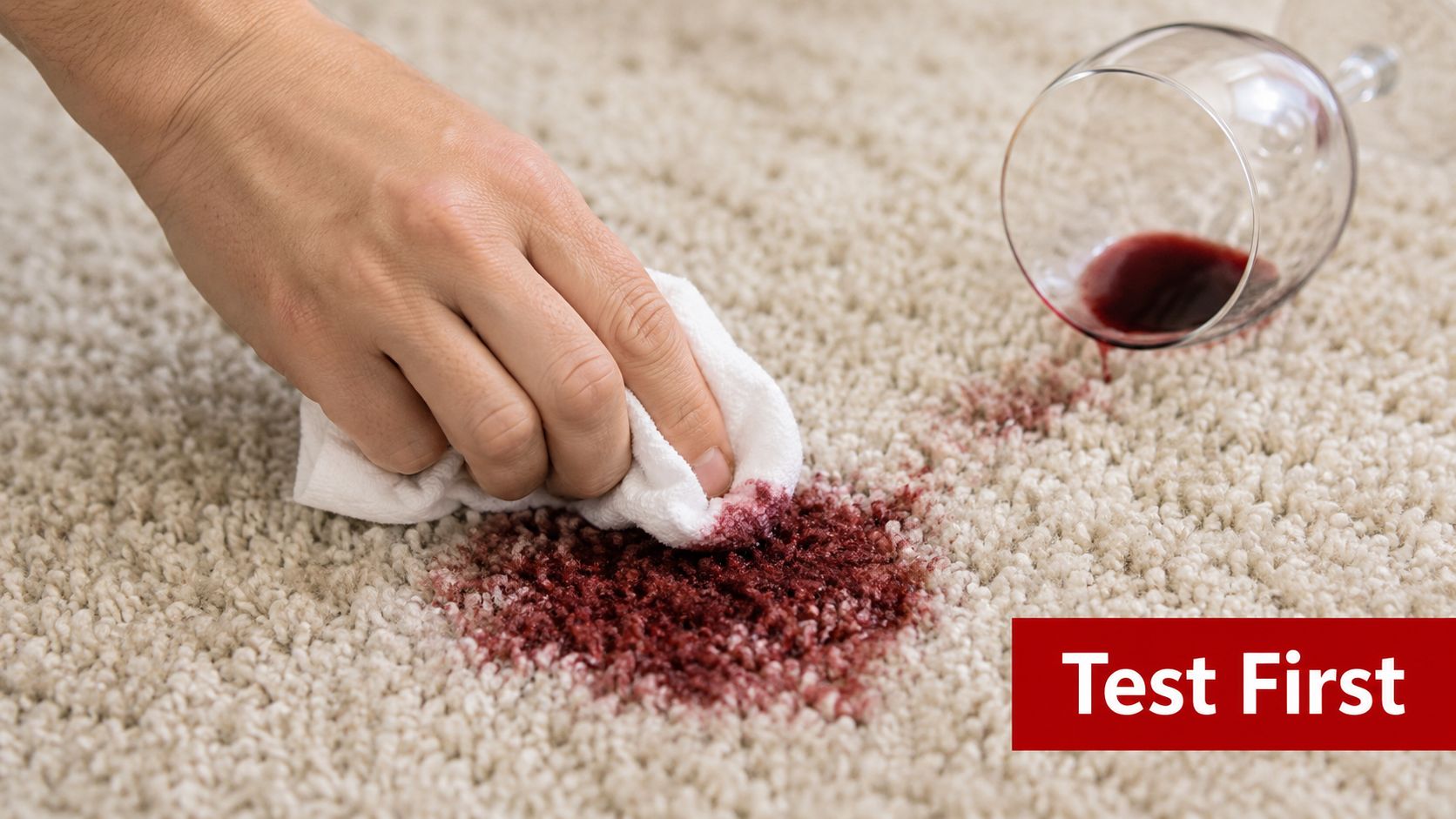 A hand using a white cloth to blot a red wine spill on a light beige carpet.