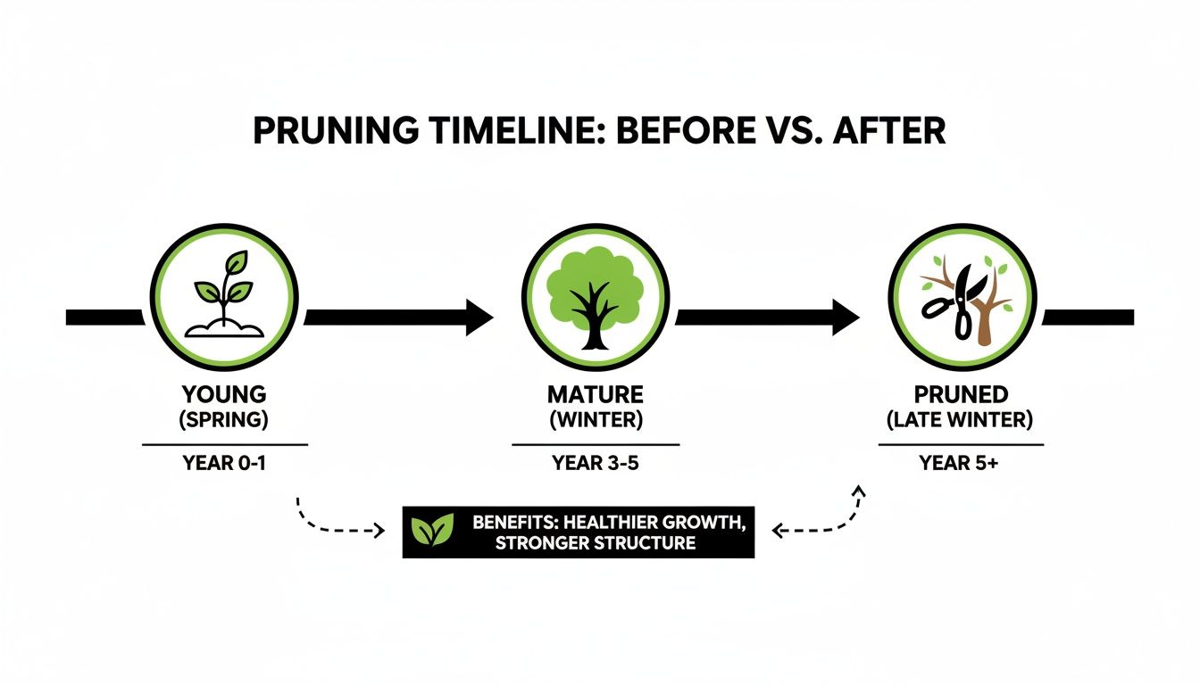 Infographic showing a pruning timeline from young seedling (spring) to mature (winter) and pruned (late winter) trees, highlighting benefits.