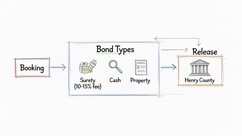 Flowchart detailing the booking, bond types (surety, cash, property), and release process through Henry County.