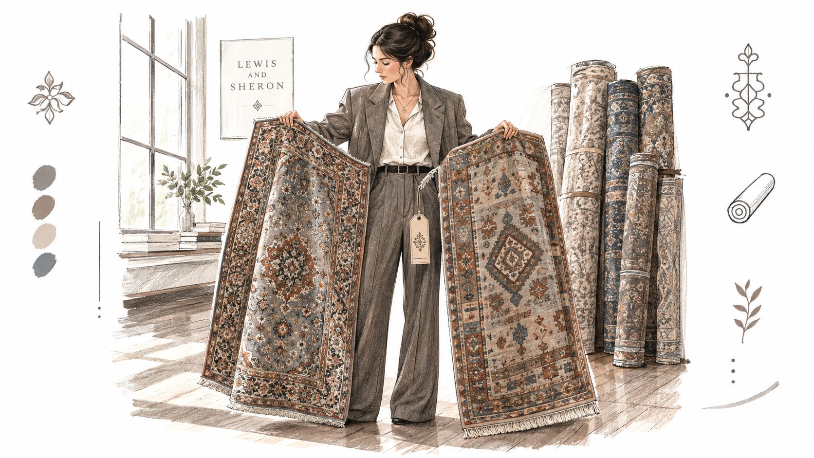 A professional interior designer holding two samples of traditional hand woven area rugs in a bright studio.